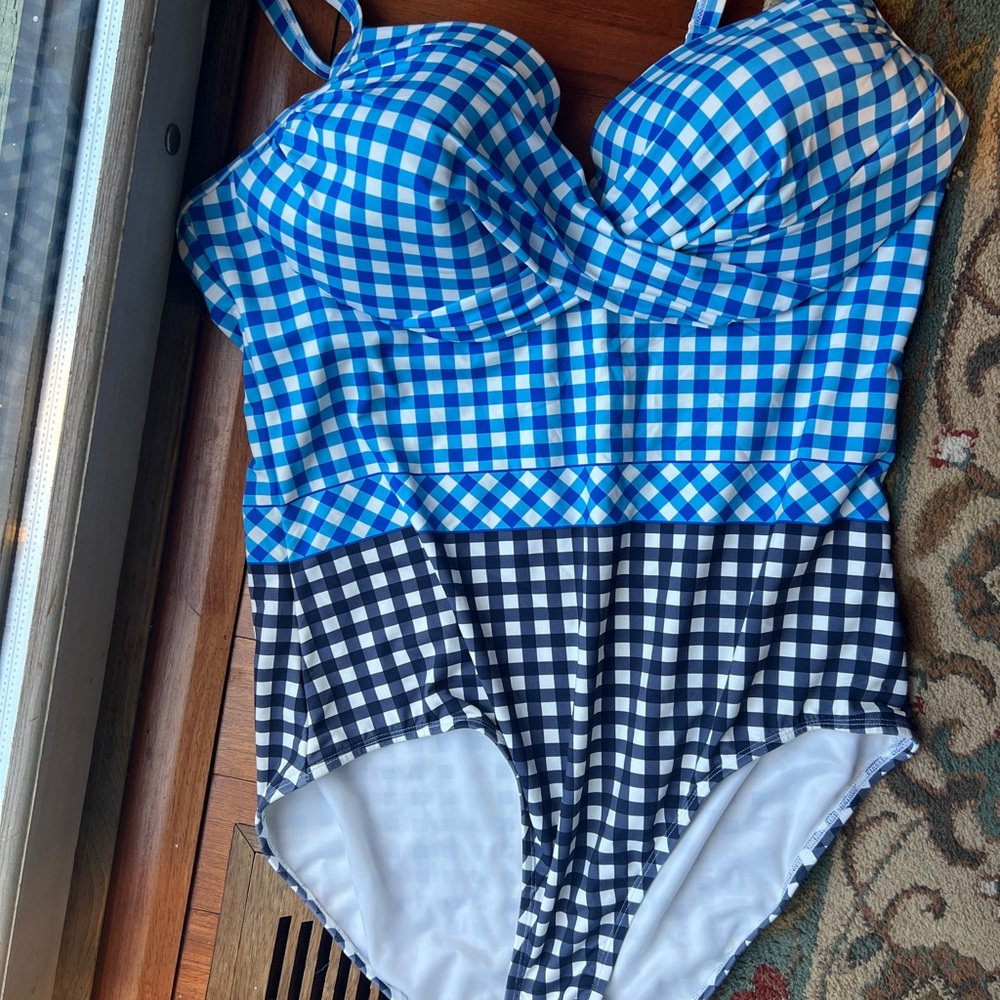 Draper James Blue and Black Checkered Kids Swim One Piece